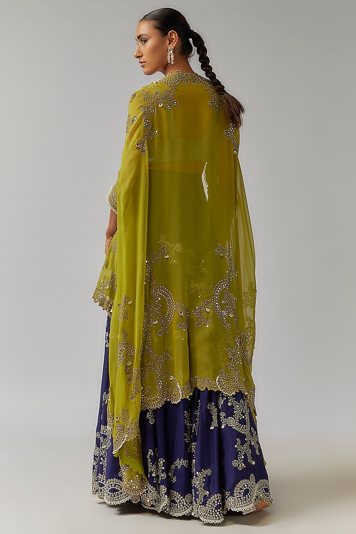 Pista Green & Navy Blue Silk Mirror Cutwork Embroidered Jacket Bridal Lehenga Set by Nupur Kanoi at Pernia's Pop Up Shop