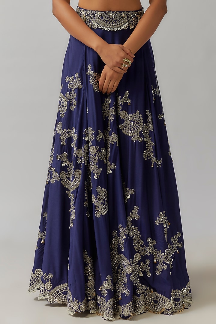 Pista Green & Navy Blue Silk Mirror Cutwork Embroidered Jacket Bridal Lehenga Set by Nupur Kanoi at Pernia's Pop Up Shop