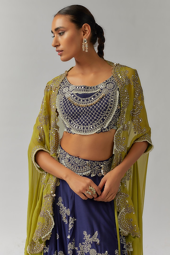 Pista Green & Navy Blue Silk Mirror Cutwork Embroidered Jacket Bridal Lehenga Set by Nupur Kanoi at Pernia's Pop Up Shop