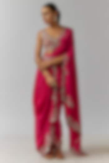 Fuchsia Habutai Silk Mirror Cutwork Embroidered Pre-Draped Reception Saree Set by Nupur Kanoi at Pernia's Pop Up Shop