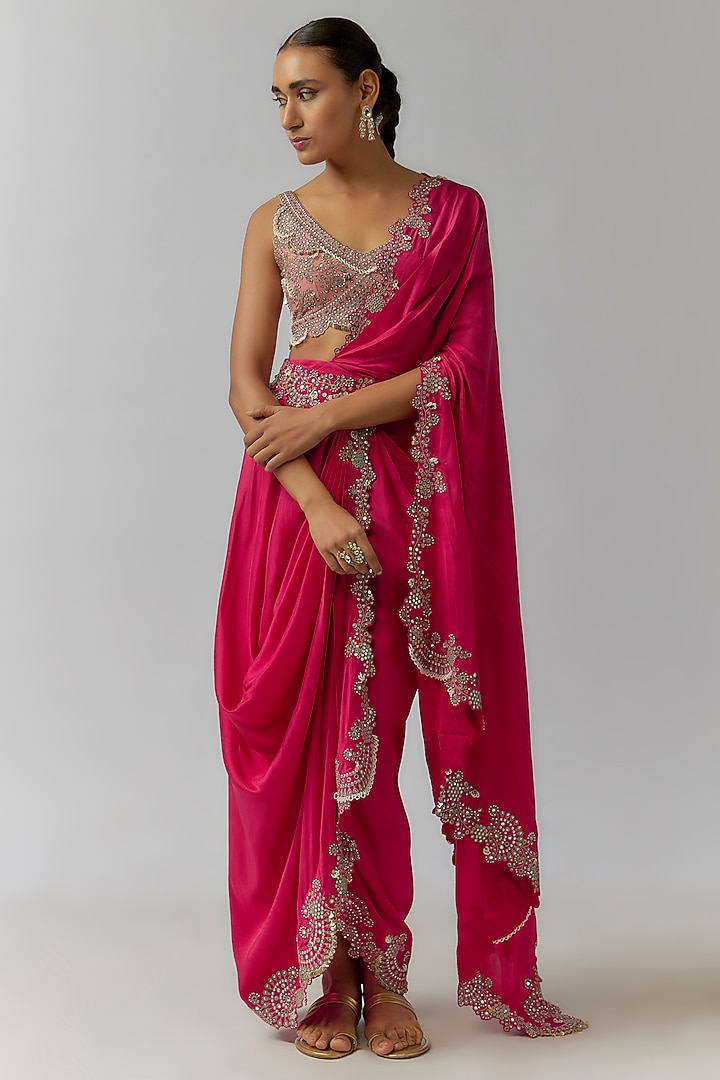 Fuchsia Habutai Silk Mirror Cutwork Embroidered Pre-Draped Reception Saree Set by Nupur Kanoi at Pernia's Pop Up Shop