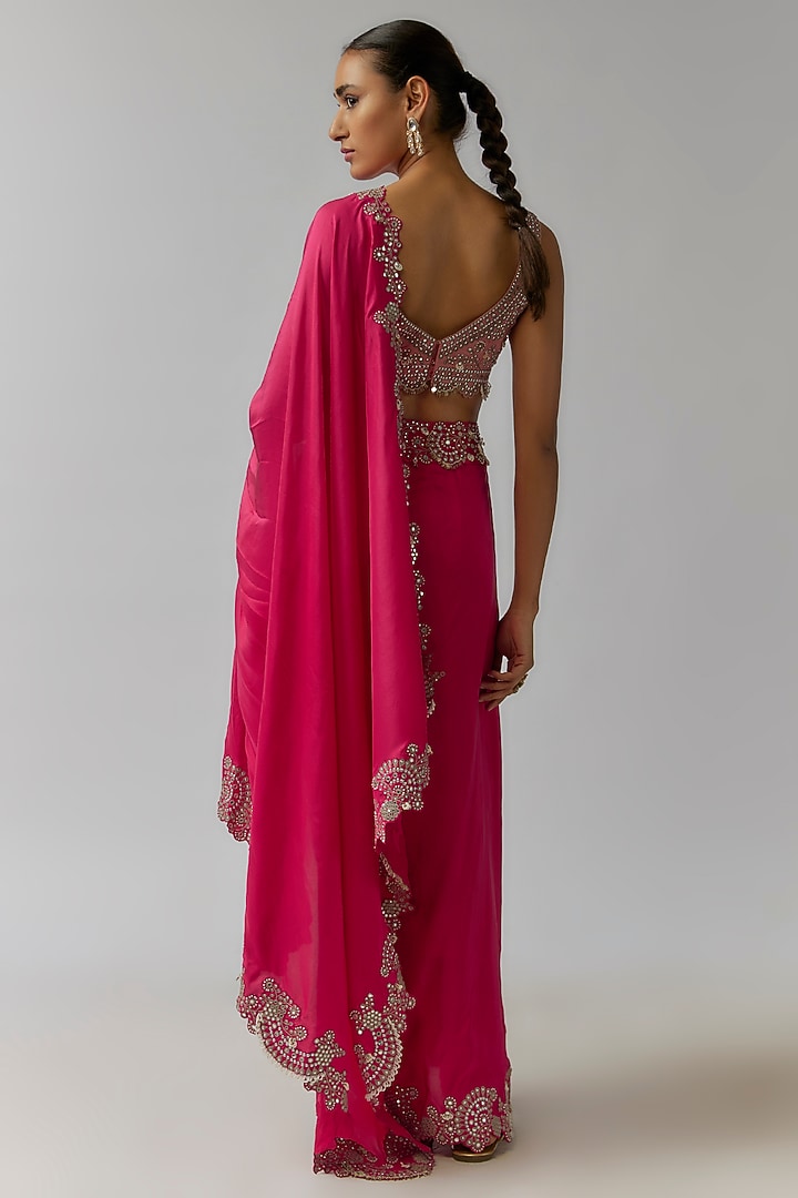 Fuchsia Habutai Silk Mirror Cutwork Embroidered Pre-Draped Reception Saree Set by Nupur Kanoi at Pernia's Pop Up Shop