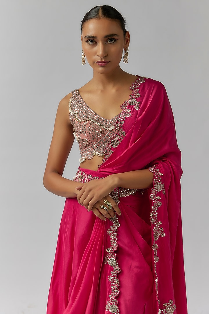Fuchsia Habutai Silk Mirror Cutwork Embroidered Pre-Draped Reception Saree Set by Nupur Kanoi at Pernia's Pop Up Shop