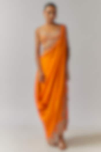 Orange Habutai Silk Mirror Cutwork Embroidered Pre-Draped Bengali Saree Set by Nupur Kanoi at Pernia's Pop Up Shop