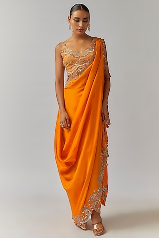 Orange Habutai Silk Mirror Cutwork Embroidered Pre-Draped Bengali Saree Set by Nupur Kanoi