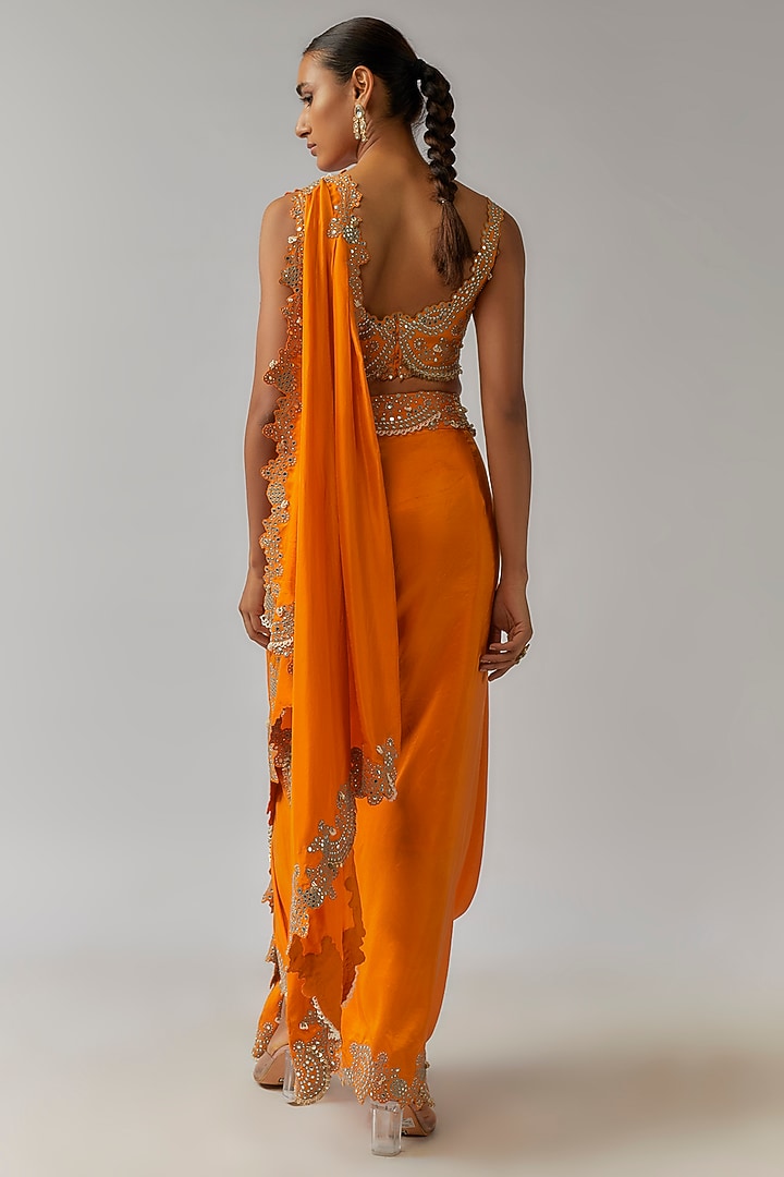 Orange Habutai Silk Mirror Cutwork Embroidered Pre-Draped Bengali Reception Saree Set by Nupur Kanoi at Pernia's Pop Up Shop