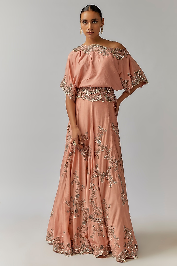 Old Rose Silk Mirror Cutwork Embroidered Bridal Lehenga Set by Nupur Kanoi at Pernia's Pop Up Shop