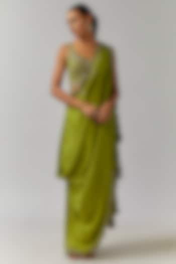 Pista Green Habutai Silk Mirror Cutwork Embroidered Pre-Draped Bengali Saree Set by Nupur Kanoi at Pernia's Pop Up Shop