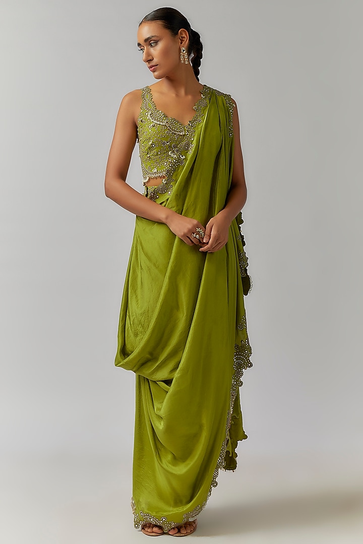 Pista Green Habutai Silk Mirror Cutwork Embroidered Pre-Draped Bengali Saree Set by Nupur Kanoi at Pernia's Pop Up Shop