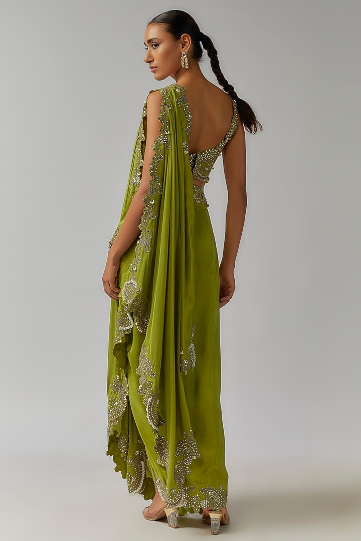 Pista Green Habutai Silk Mirror Cutwork Embroidered Pre-Draped Bengali Reception Saree Set by Nupur Kanoi at Pernia's Pop Up Shop