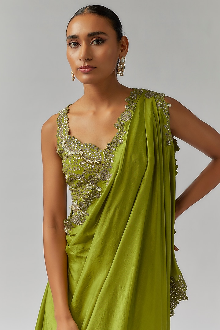 Pista Green Habutai Silk Mirror Cutwork Embroidered Pre-Draped Bengali Reception Saree Set by Nupur Kanoi at Pernia's Pop Up Shop
