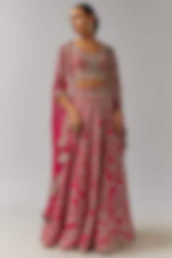 Fuchsia Georgette & Silk Mirror Cutwork Embroidered Jacket Bridal Lehenga Set by Nupur Kanoi at Pernia's Pop Up Shop