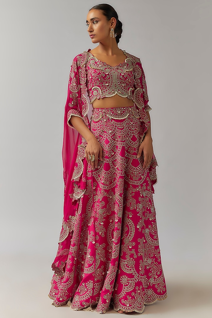Fuchsia Georgette & Silk Mirror Cutwork Embroidered Jacket Bridal Lehenga Set by Nupur Kanoi at Pernia's Pop Up Shop