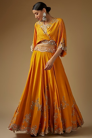 Light Orange Silk Mirror Cutwork Embroidered Lehenga Set by Nupur Kanoi
