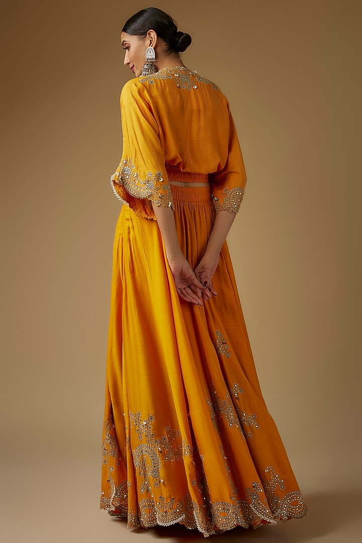 Light Orange Silk Mirror Cutwork Embroidered Wedding Lehenga Set by Nupur Kanoi at Pernia's Pop Up Shop