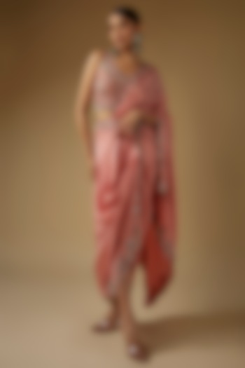 Old-Rose Pink Silk Mirror Cutwork Embroidered Pre-Draped Reception Saree Set by Nupur Kanoi at Pernia's Pop Up Shop