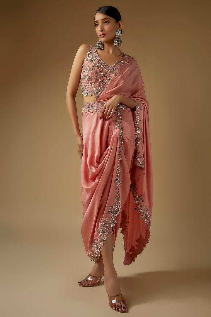 Old-Rose Pink Silk Mirror Cutwork Embroidered Pre-Draped Reception Saree Set by Nupur Kanoi at Pernia's Pop Up Shop