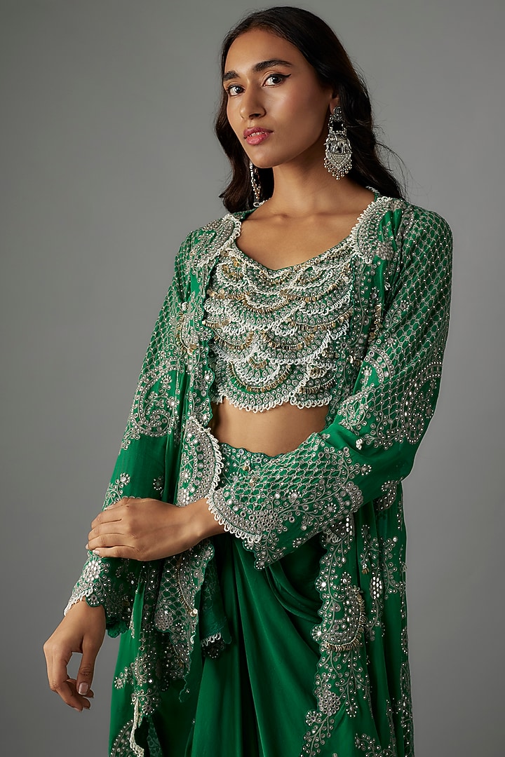 Sea Green Georgette Mirror Embroidered Cape Set by Nupur Kanoi at Pernia's Pop Up Shop
