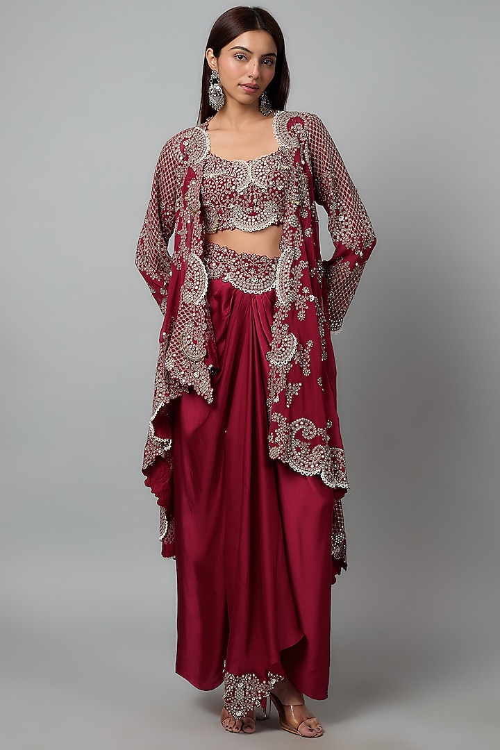 Burgundy Georgette Mirror Cutwork Hand Embroidered Knotted Skirt Set by Nupur Kanoi