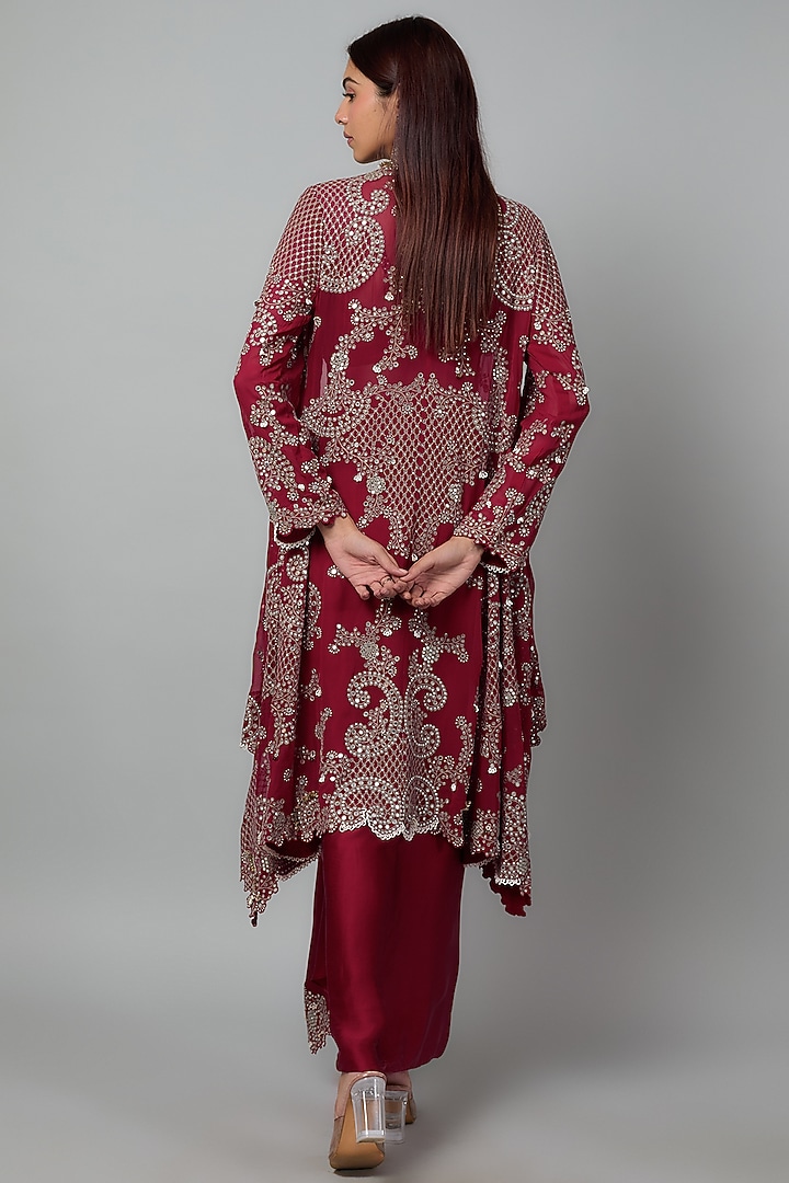 Burgundy Georgette Mirror Cutwork Hand Embroidered Knotted Skirt Set by Nupur Kanoi at Pernia's Pop Up Shop