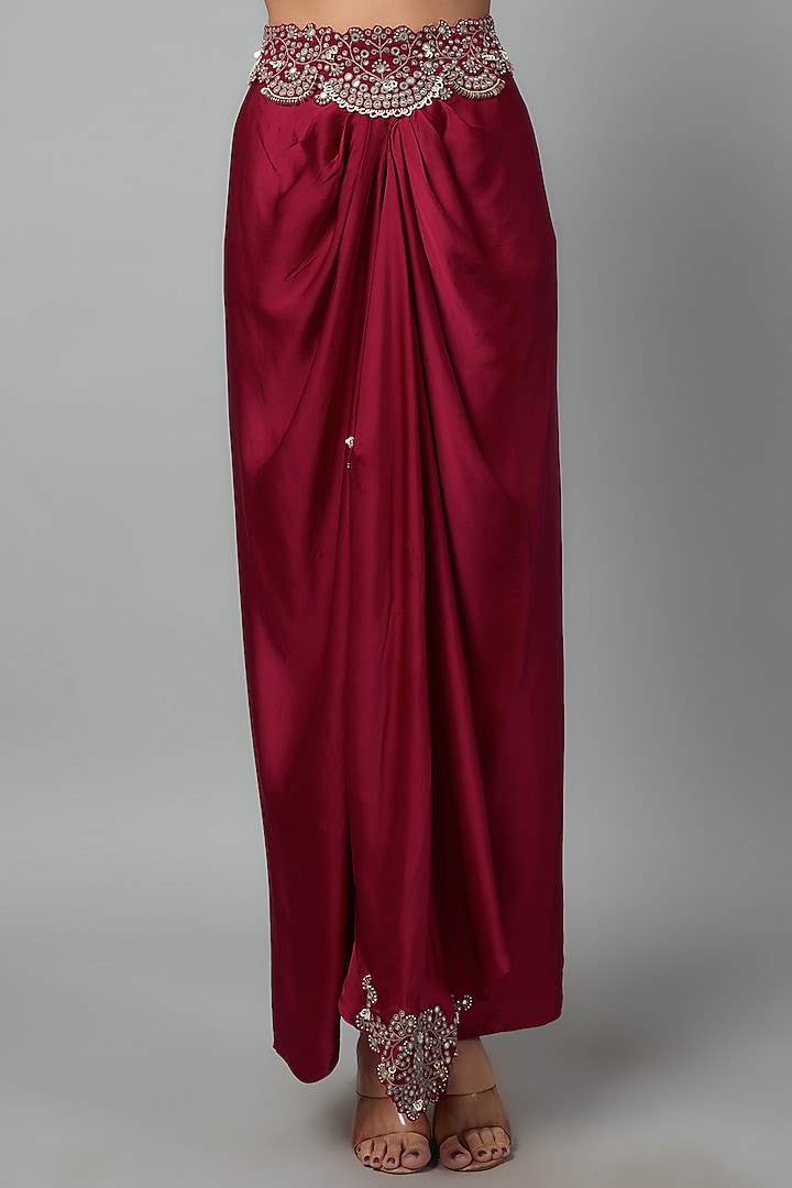 Burgundy Georgette Mirror Cutwork Hand Embroidered Knotted Skirt Set by Nupur Kanoi at Pernia's Pop Up Shop