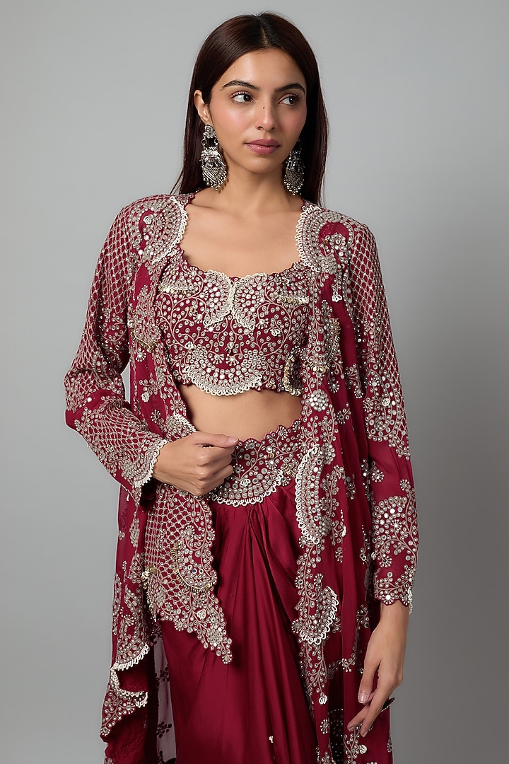 Burgundy Georgette Mirror Cutwork Hand Embroidered Knotted Skirt Set by Nupur Kanoi at Pernia's Pop Up Shop