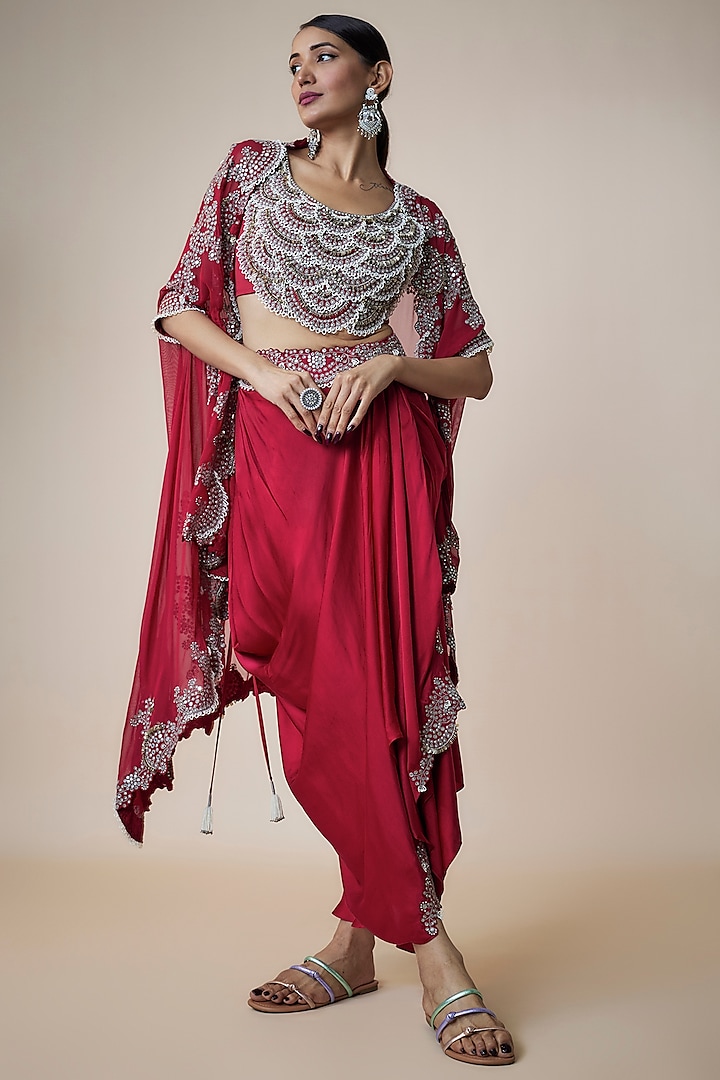 Burgundy Satin Gathered Cowl Skirt Set by Nupur Kanoi at Pernia's Pop Up Shop