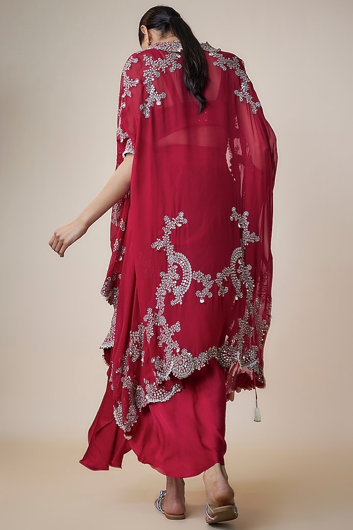 Burgundy Satin Gathered Cowl Skirt Set by Nupur Kanoi at Pernia's Pop Up Shop