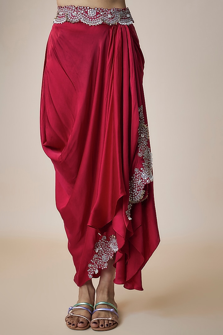 Burgundy Satin Gathered Cowl Skirt Set by Nupur Kanoi at Pernia's Pop Up Shop
