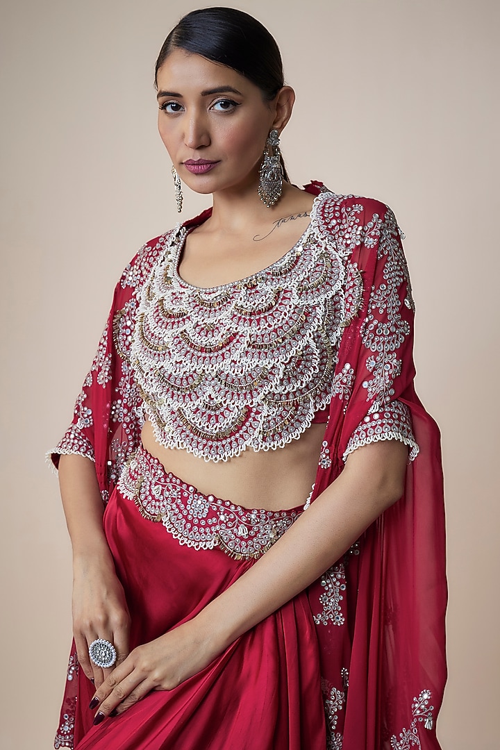 Burgundy Satin Gathered Cowl Skirt Set by Nupur Kanoi at Pernia's Pop Up Shop