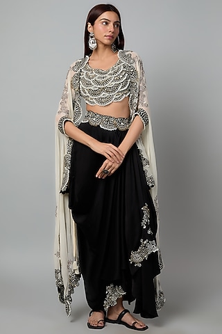 Off-White Georgette Mirror Cutwork Hand Embroidered Tie-Dye Cape Set by Nupur Kanoi