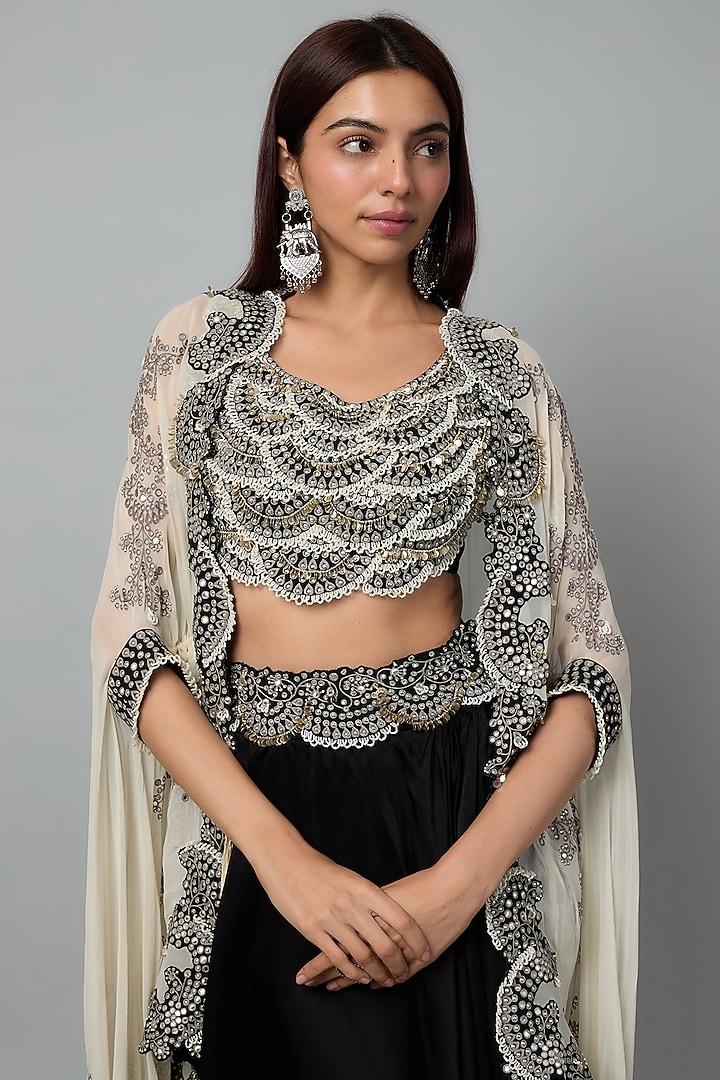 Off-White Georgette Mirror Cutwork Hand Embroidered Tie-Dye Cape Set by Nupur Kanoi at Pernia's Pop Up Shop