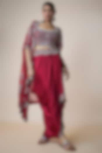 Burgundy Satin Gathered Cowl Skirt Set by Nupur Kanoi at Pernia's Pop Up Shop