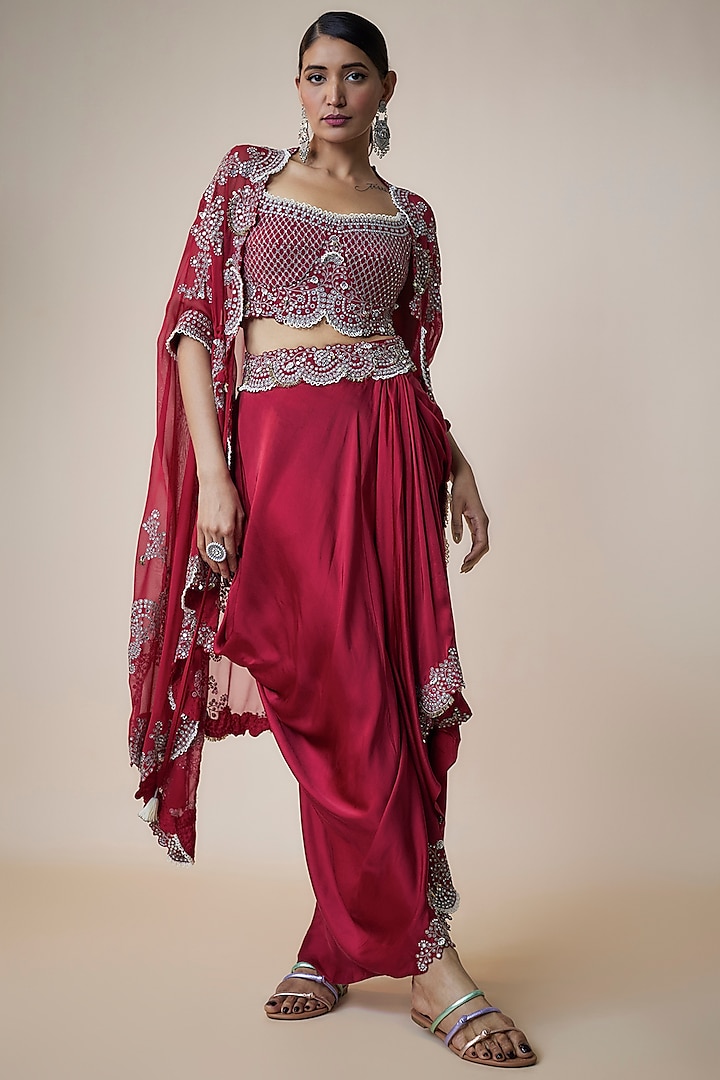 Burgundy Satin Gathered Cowl Skirt Set by Nupur Kanoi at Pernia's Pop Up Shop