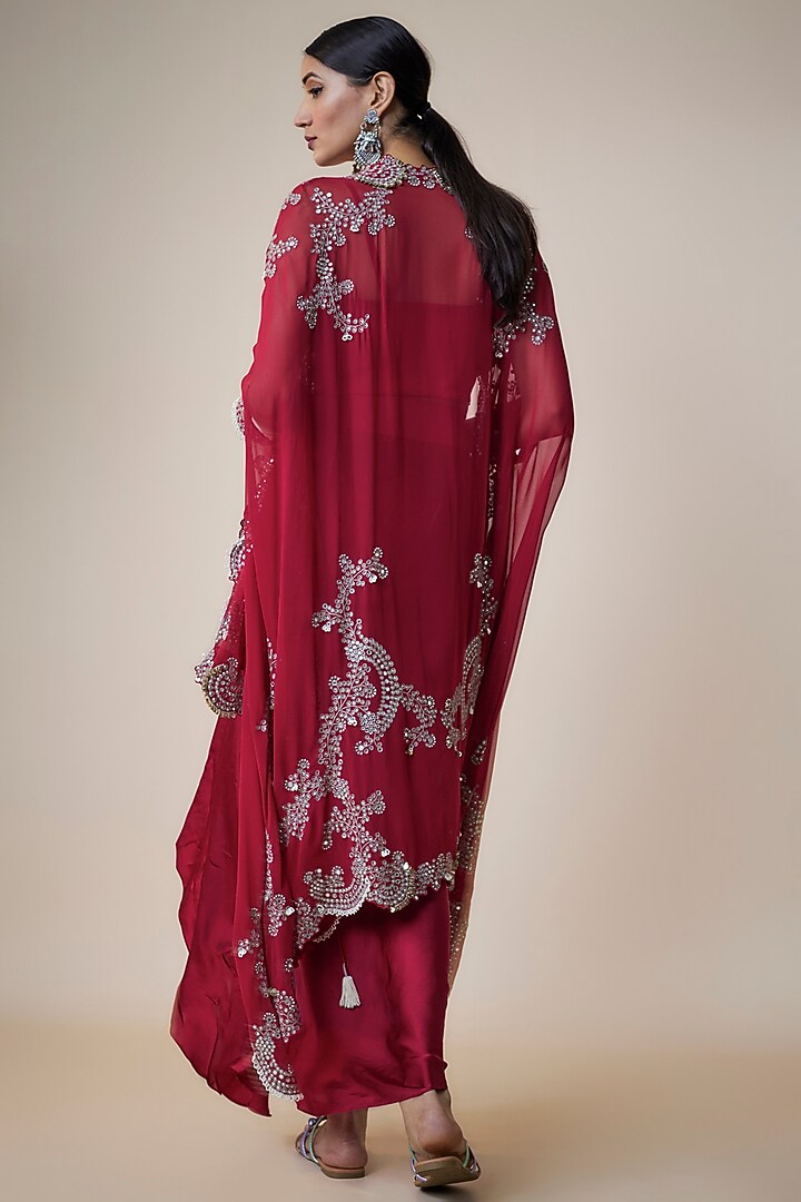 Burgundy Satin Gathered Cowl Skirt Set by Nupur Kanoi at Pernia's Pop Up Shop