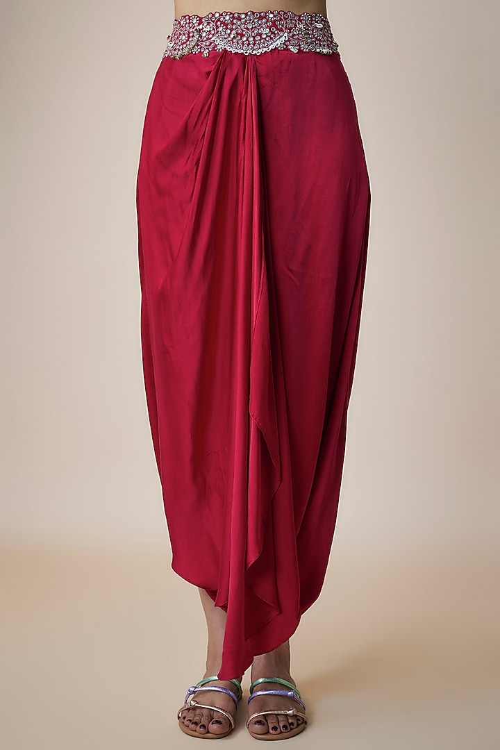 Burgundy Satin Gathered Cowl Skirt Set by Nupur Kanoi at Pernia's Pop Up Shop