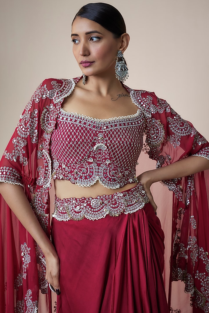 Burgundy Satin Gathered Cowl Skirt Set by Nupur Kanoi at Pernia's Pop Up Shop