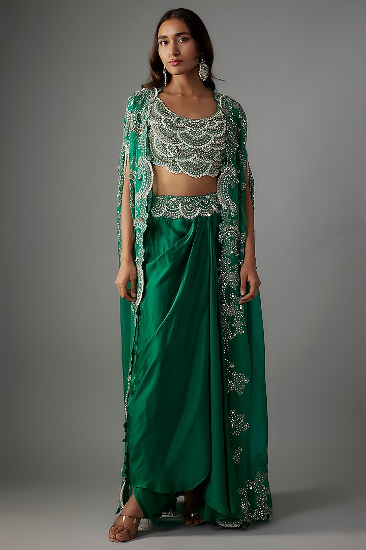 Sea Green Georgette Mirror Embroidered Gathered Cape Set by Nupur Kanoi at Pernia's Pop Up Shop