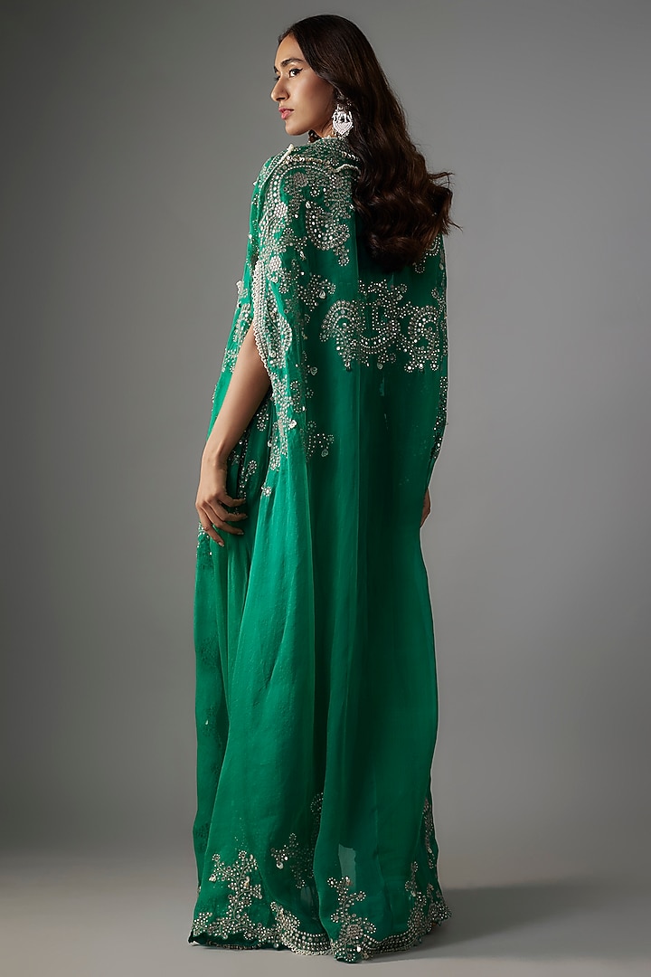 Sea Green Georgette Mirror Embroidered Gathered Cape Set by Nupur Kanoi at Pernia's Pop Up Shop