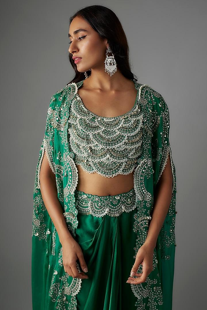 Sea Green Georgette Mirror Embroidered Gathered Cape Set by Nupur Kanoi at Pernia's Pop Up Shop