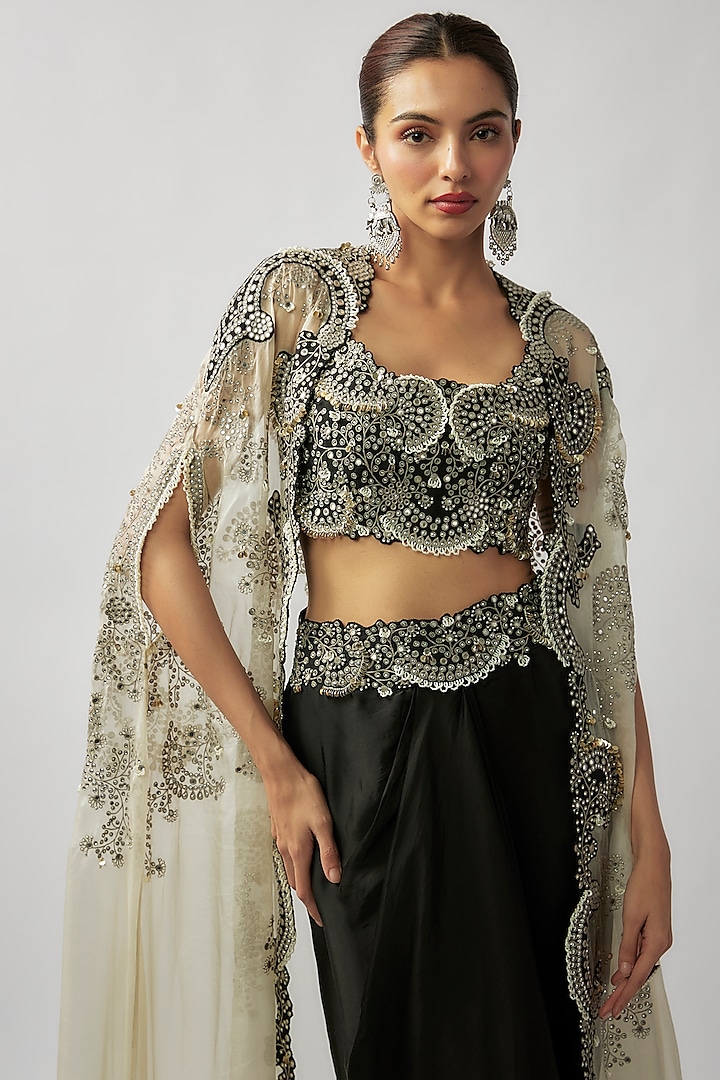 Off-White Organza Hand Embroidered Cape Set by Nupur Kanoi at Pernia's Pop Up Shop