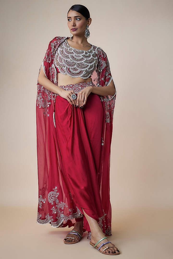 Burgundy Organza Hand Embroidered Gathered Cape Set by Nupur Kanoi at Pernia's Pop Up Shop