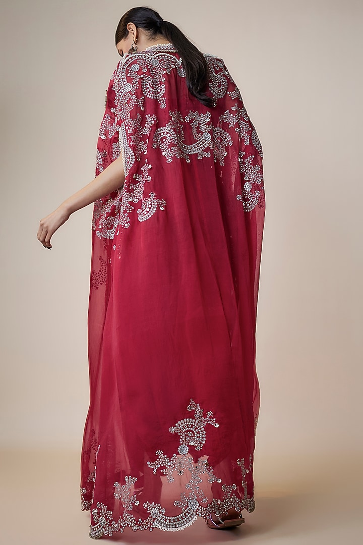 Burgundy Organza Hand Embroidered Gathered Cape Set by Nupur Kanoi at Pernia's Pop Up Shop