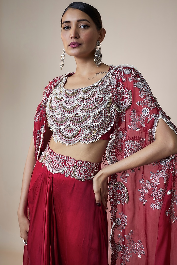Burgundy Organza Hand Embroidered Gathered Cape Set by Nupur Kanoi at Pernia's Pop Up Shop