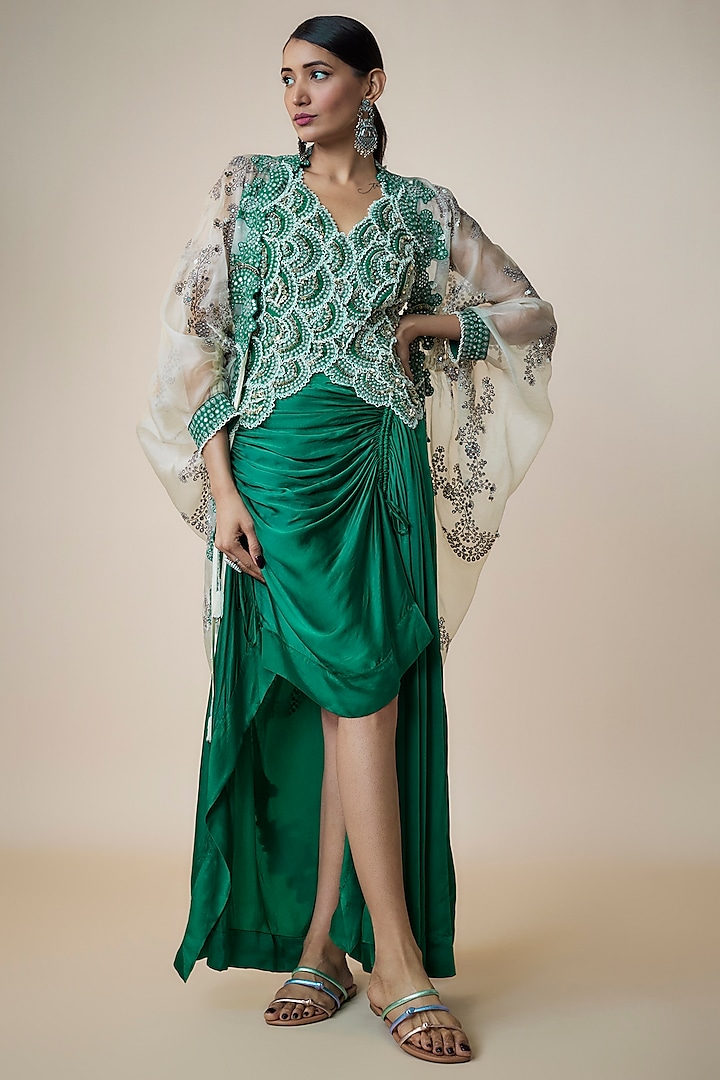 Off-White Organza Hand Embroidered Gathered Cape Set by Nupur Kanoi at Pernia's Pop Up Shop