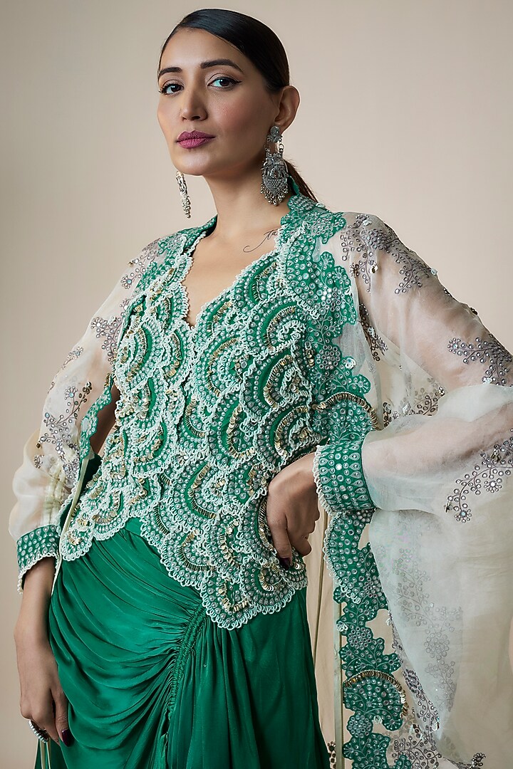 Off-White Organza Hand Embroidered Gathered Cape Set by Nupur Kanoi at Pernia's Pop Up Shop