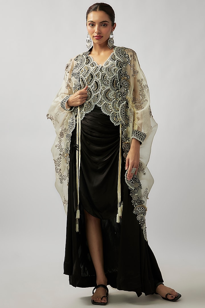 Off-White Organza Hand Embroidered Cape Set by Nupur Kanoi