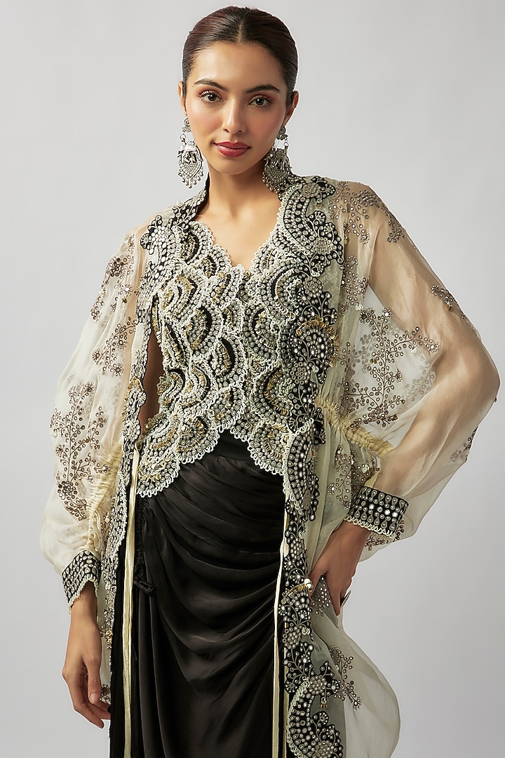 Off-White Organza Hand Embroidered Cape Set by Nupur Kanoi at Pernia's Pop Up Shop