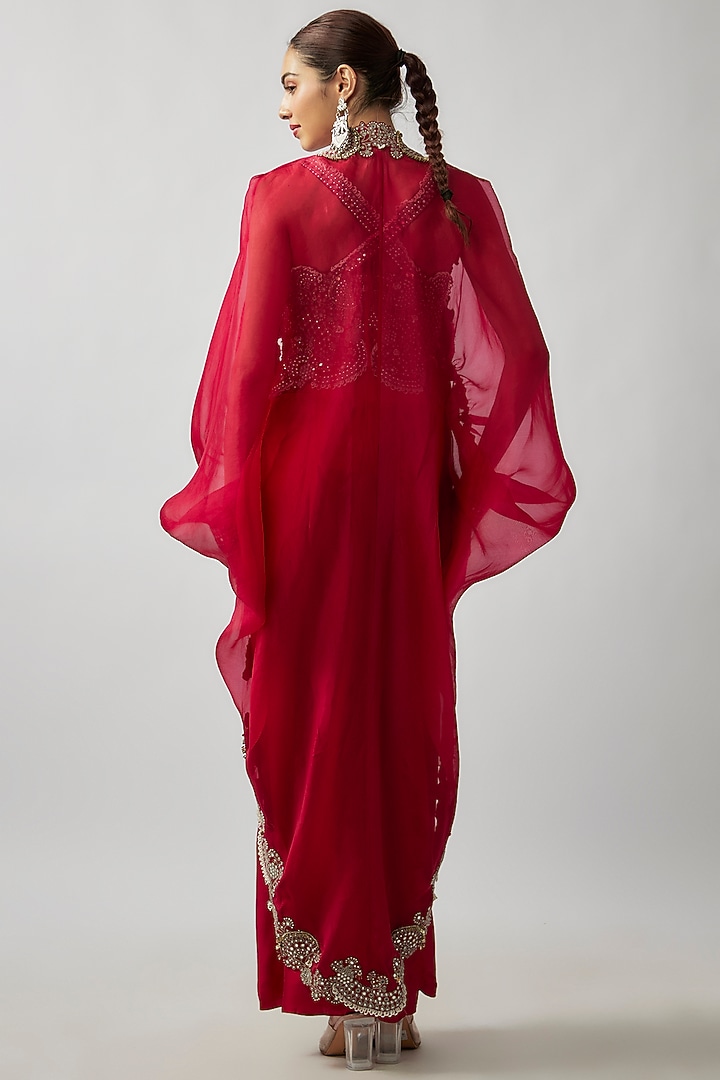 Burgundy Organza Hand-Dyed Cape Set by Nupur Kanoi at Pernia's Pop Up Shop