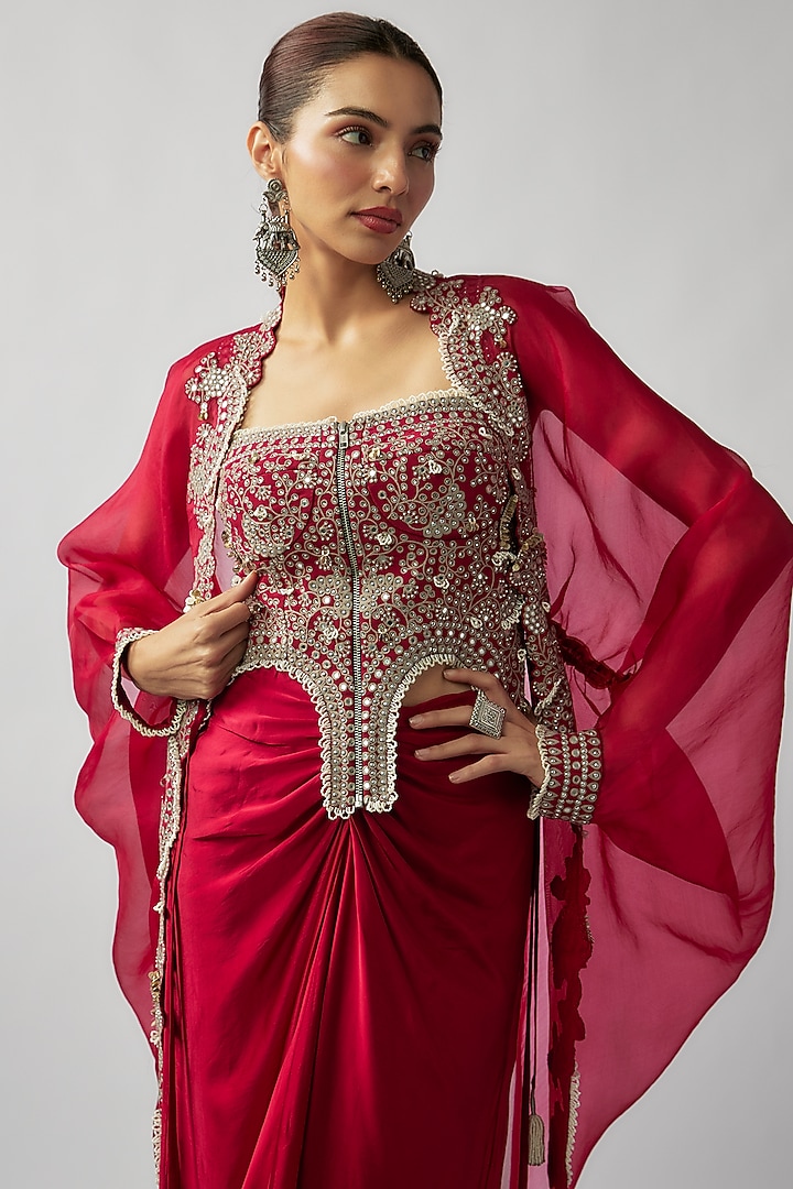Burgundy Organza Hand-Dyed Cape Set by Nupur Kanoi at Pernia's Pop Up Shop